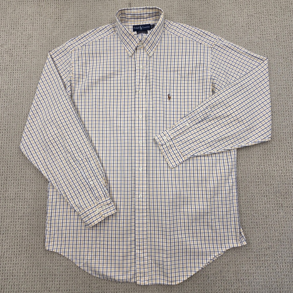 Ralph Lauren Yarmouth Mens 17.5 36/37 Flesh Pony Oxford Shirt Navy Yellow Check - Picture 2 of 7
